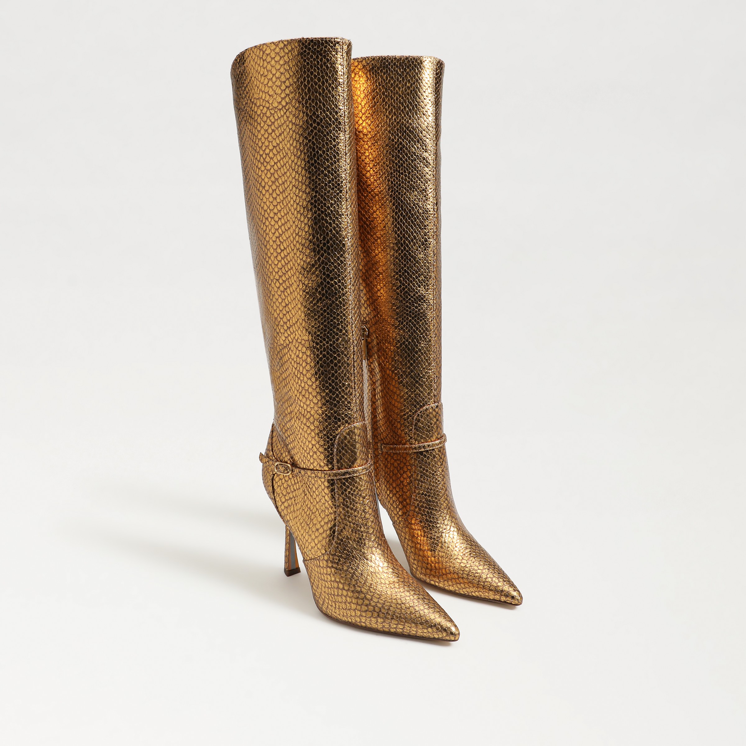 Sam Edelman Elia Pointed Toe Knee High Boot Gold Snake Embossed Leather In Gold