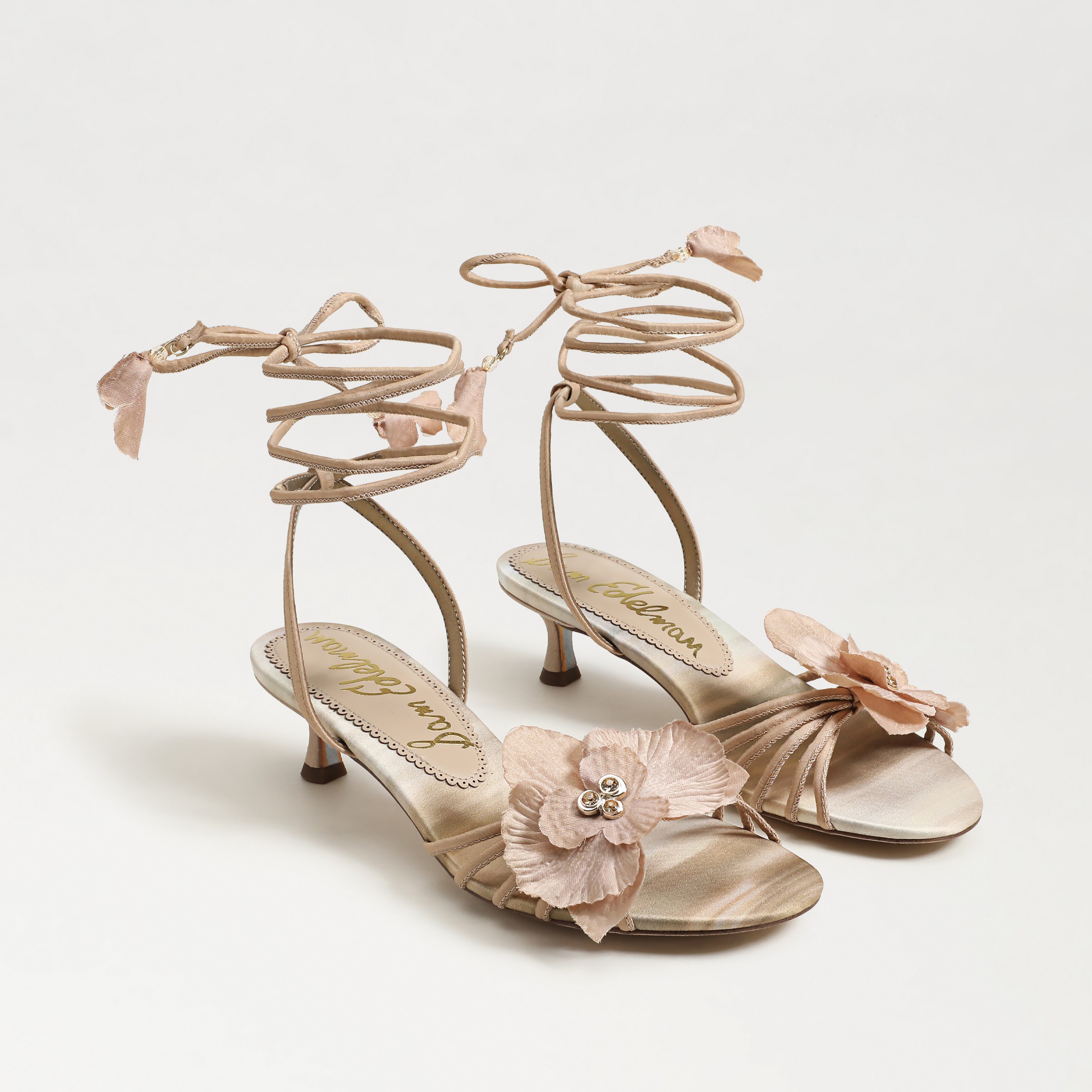 Sam Edelman Carla Lace Up Kitten Heel Ecru Beige Silk In Beige