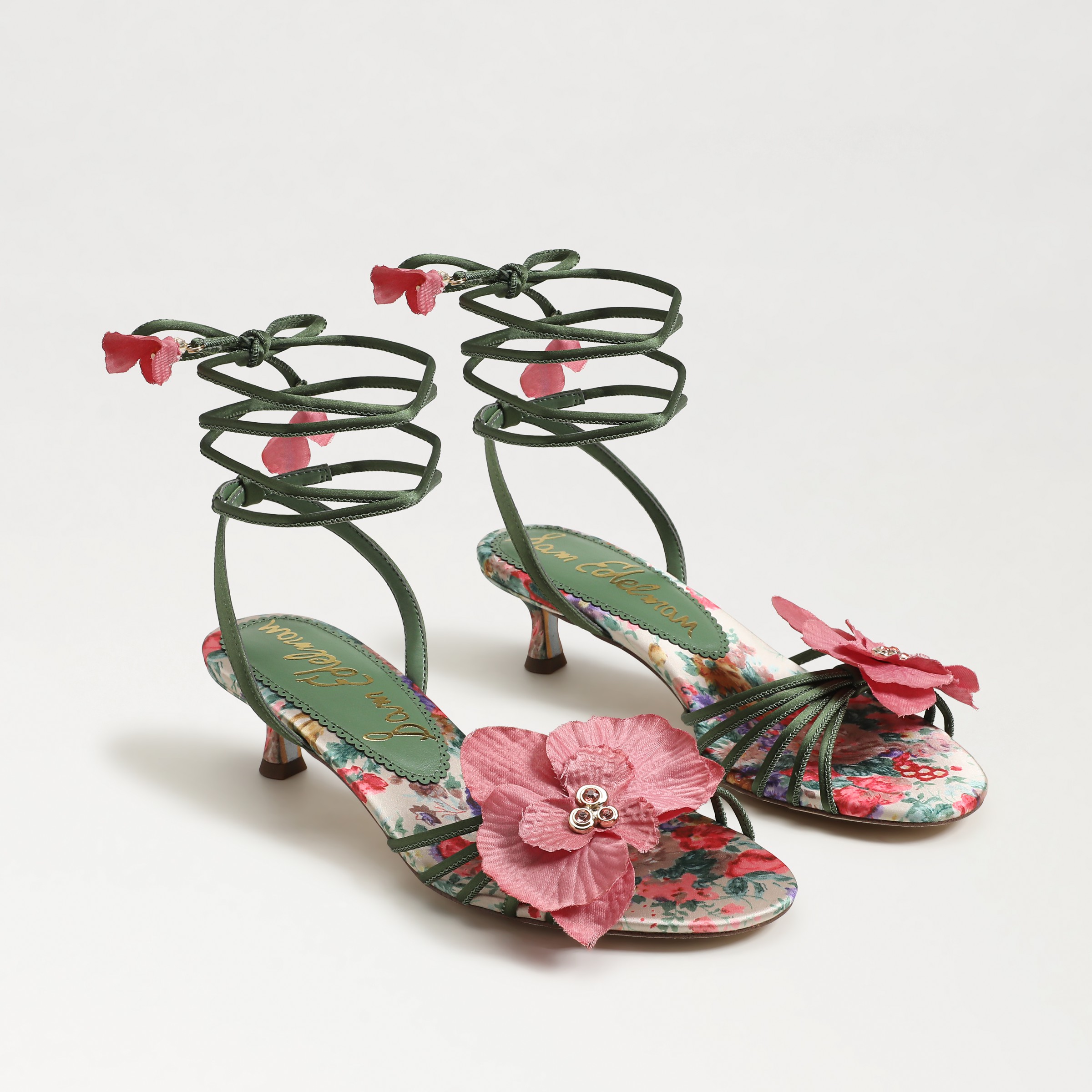 Sam Edelman Carla Lace Up Kitten Heel Green Agave Satin In Green
