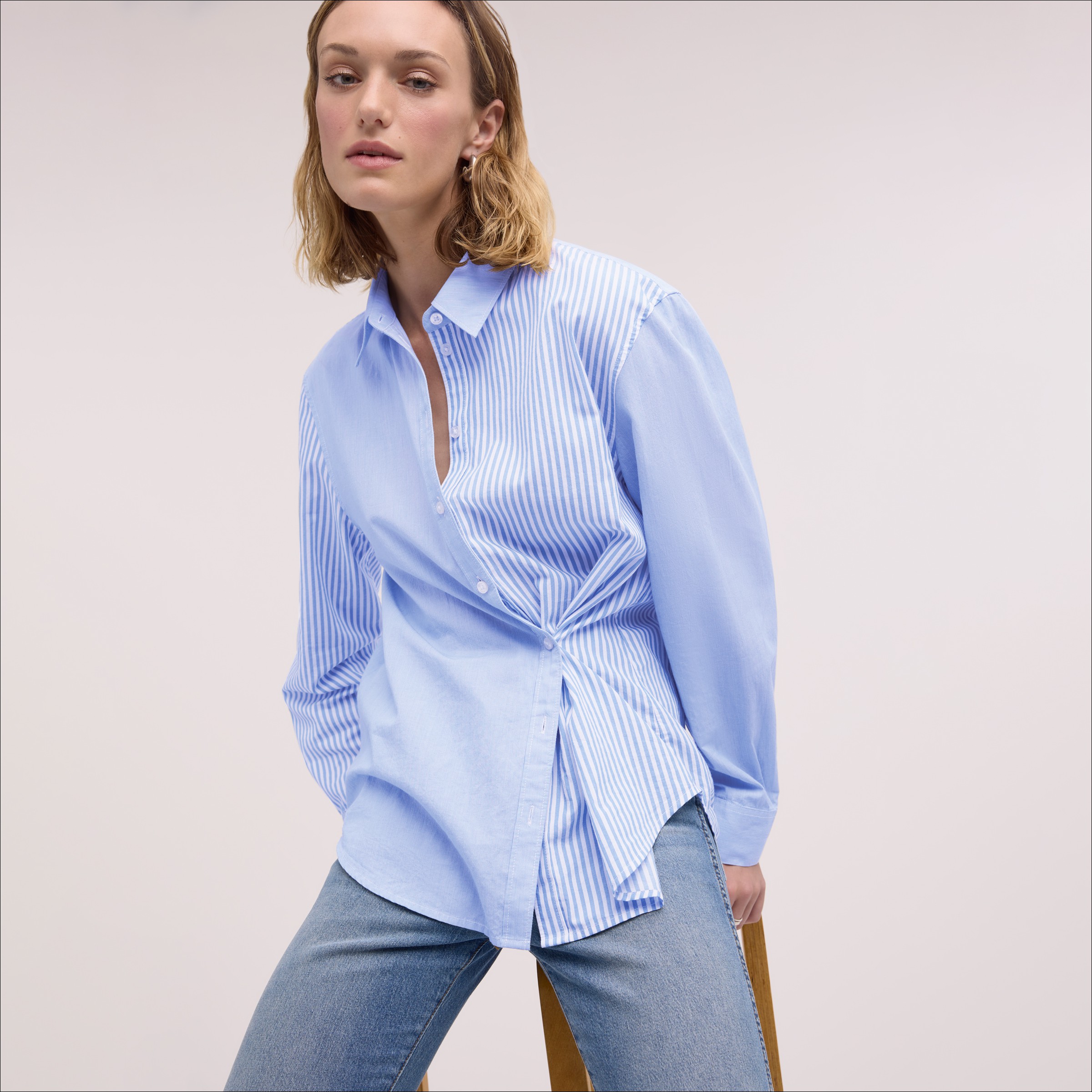 Sam Edelman Bridget Asymmetrical Long Sleeve Button Down Blue Yonder Stripe In Blue