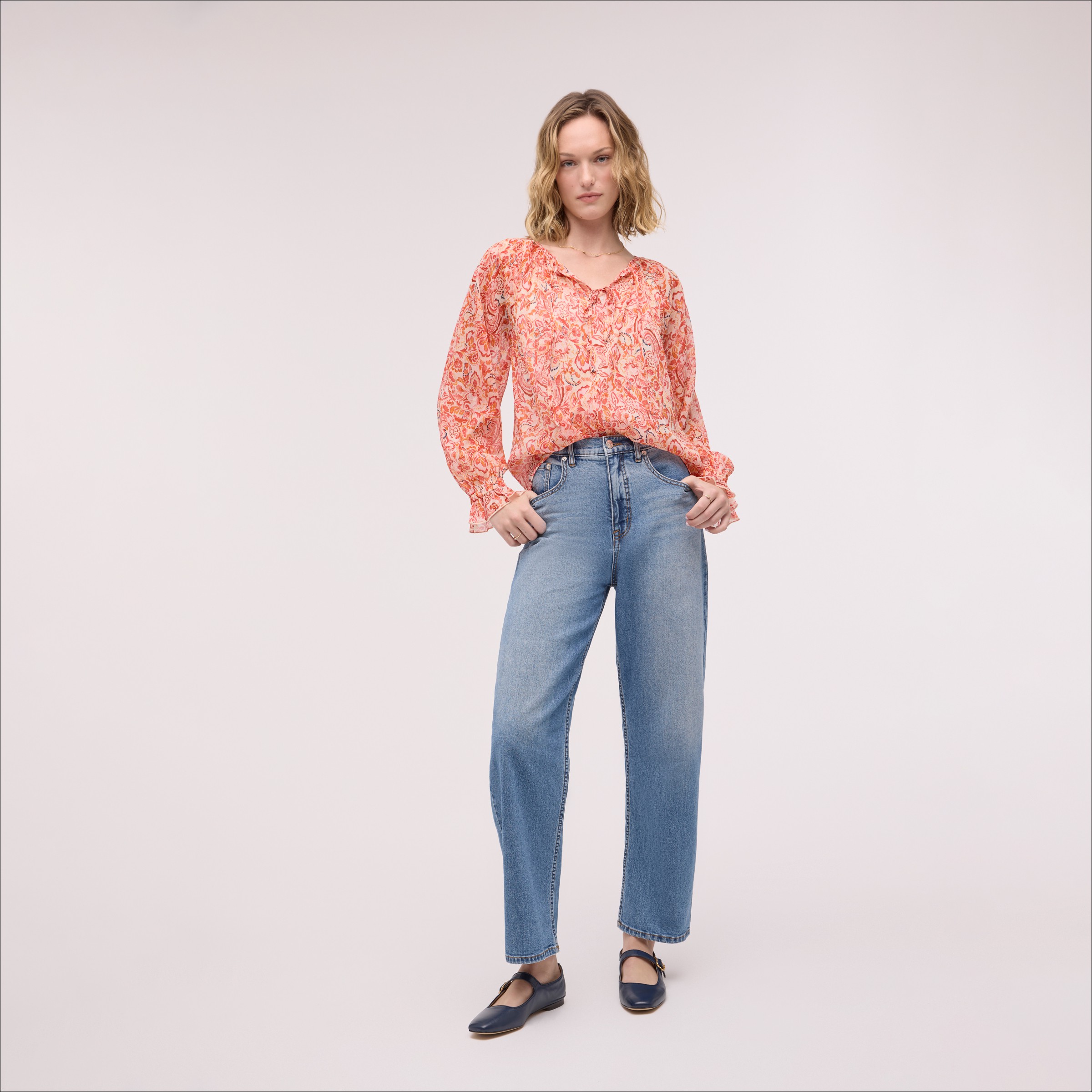 Sam Edelman Kelsie Pop Over Long Sleeve Blouse Peach Pink In Pink