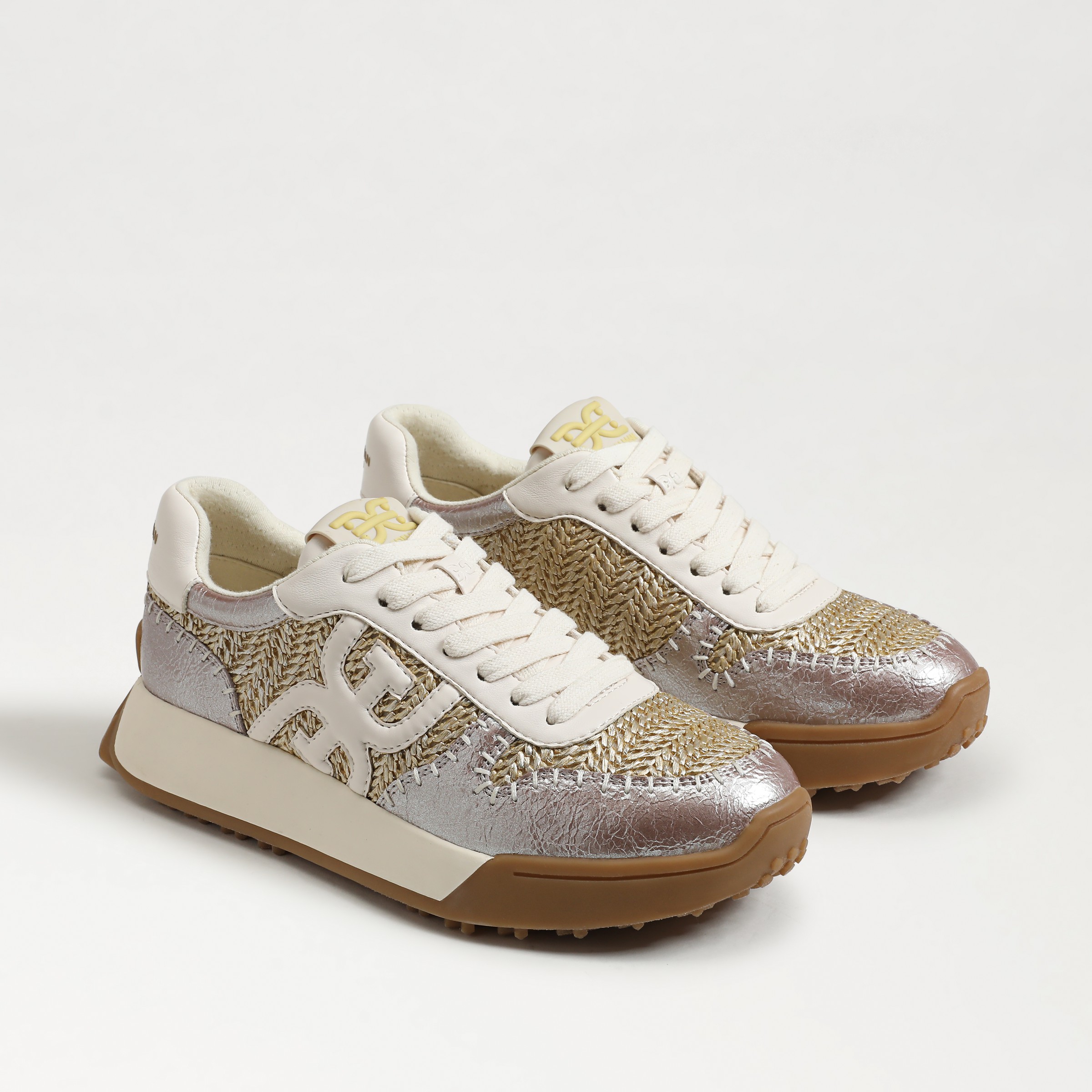 Sam Edelman Langley Lace Up Sneaker Natural Gold Basketweave In Brown