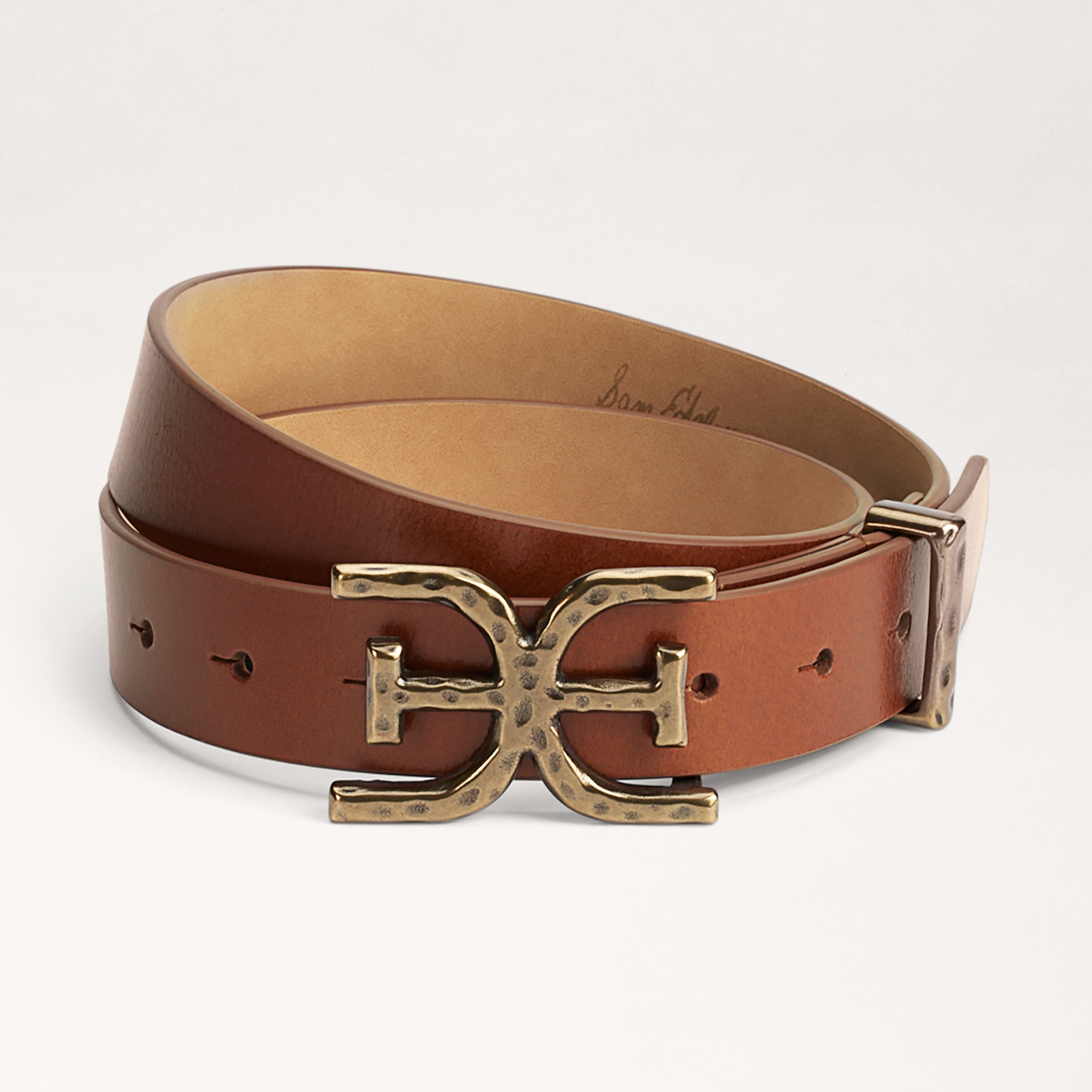 Sam Edelman 30mm Hammered Logo Belt Light Brown Leather In Brown
