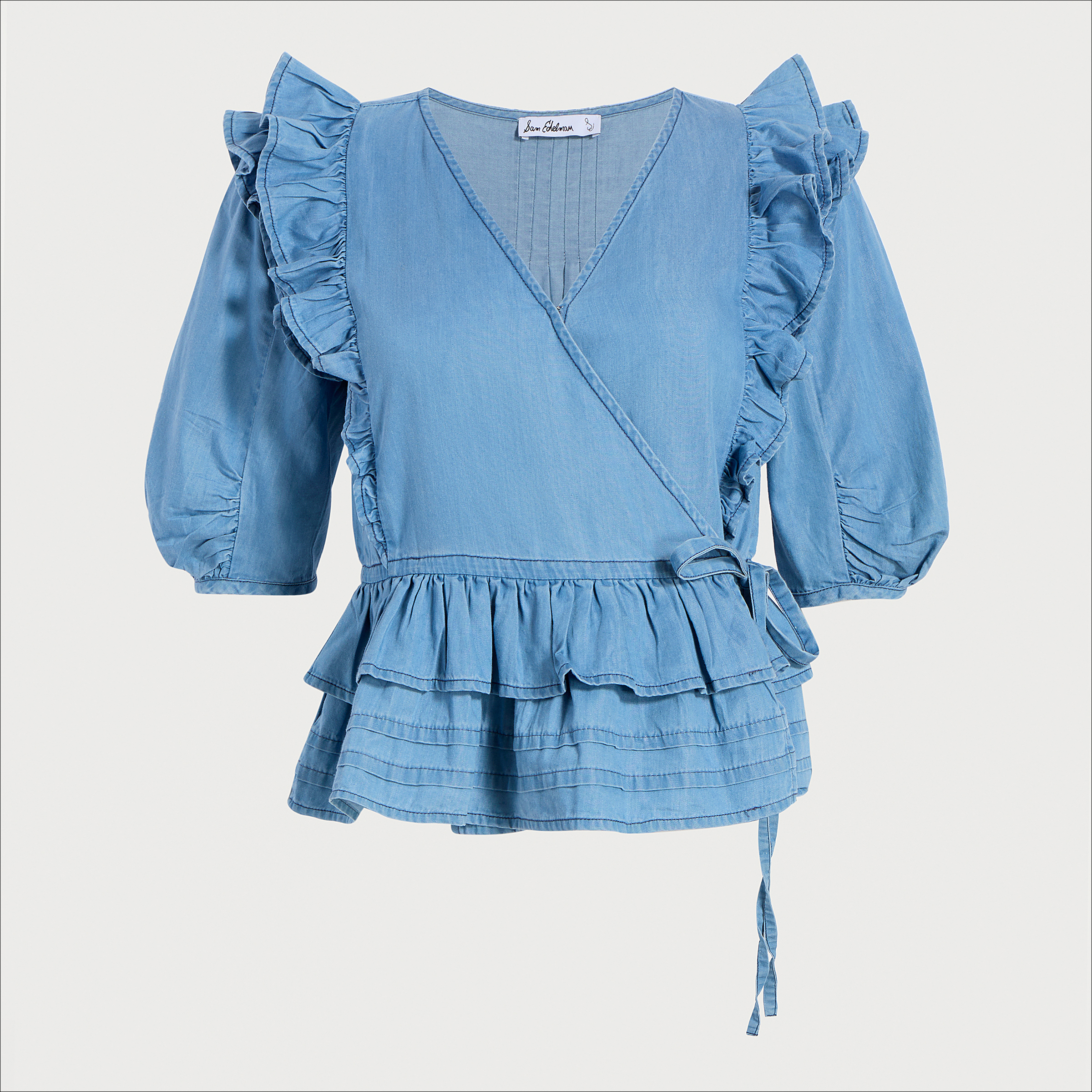 Entyinea Womens Summer Tops Ruffled Short Sleeve Round Neck Twist Front  Tops Shirts Blue XL 