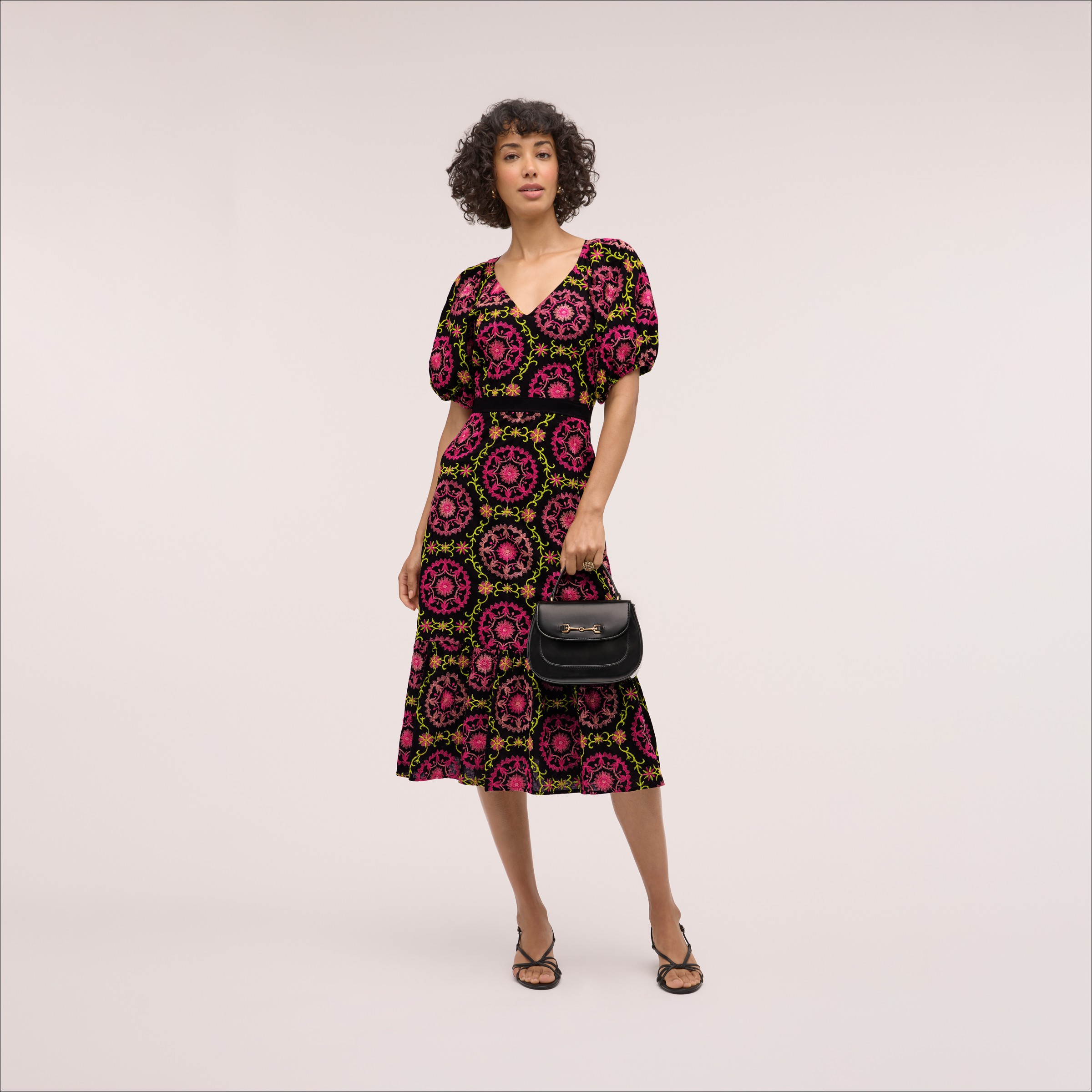 Sam Edelman Embroidered Puff Sleeve Midi Dress In Black