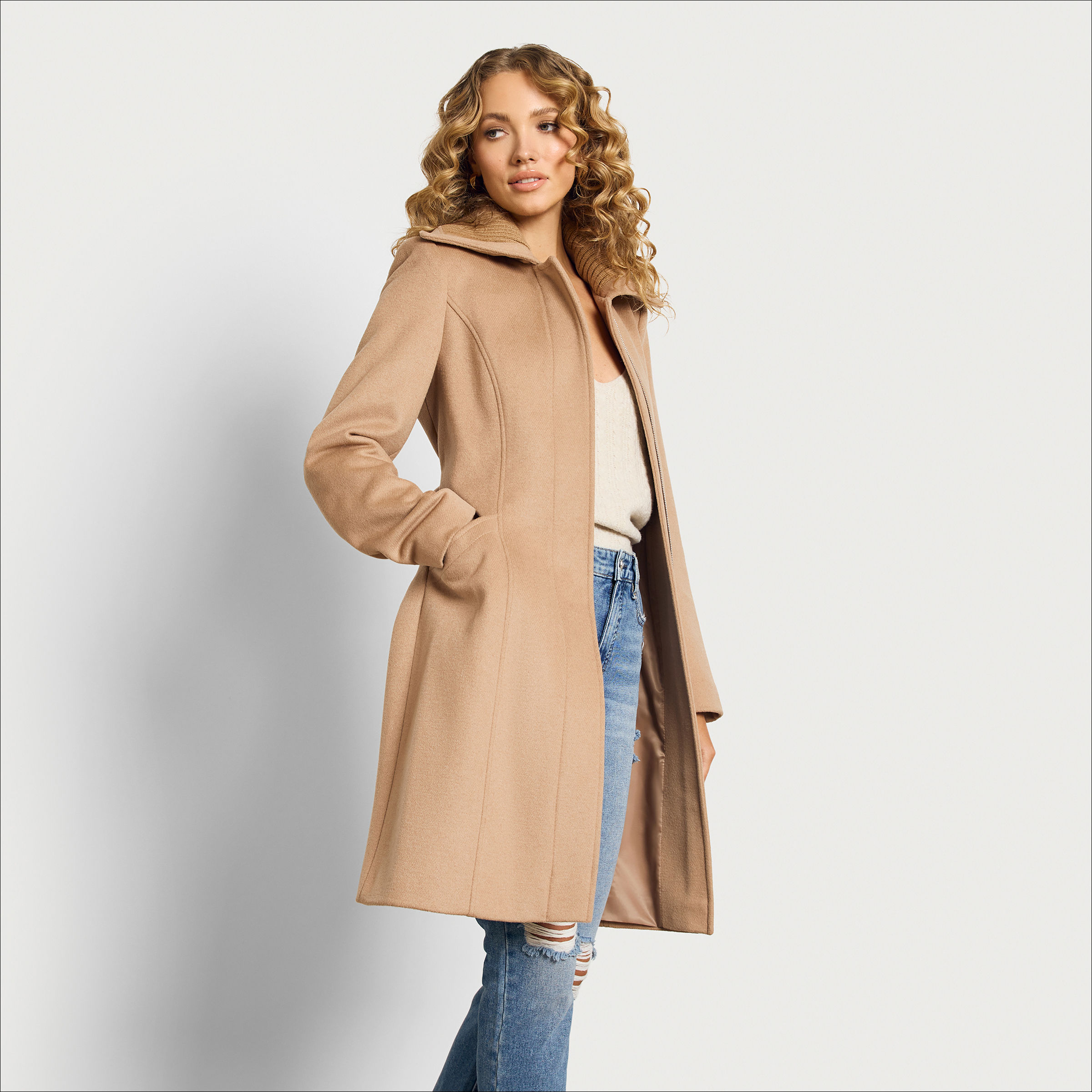 Sam Edelman Asymmetrical Trench Coat With Knit Collar Camel In Tan